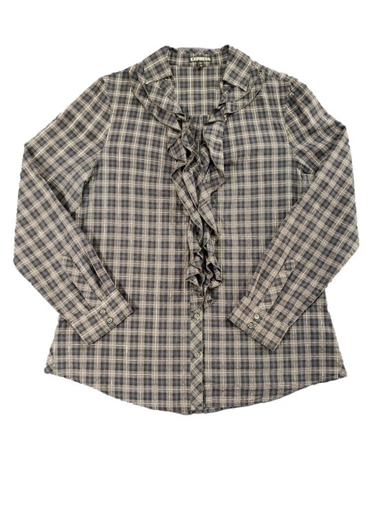 Express Tops - Express Plaid Ruffle Blouse Size L Preppy Workwear Button Front Top